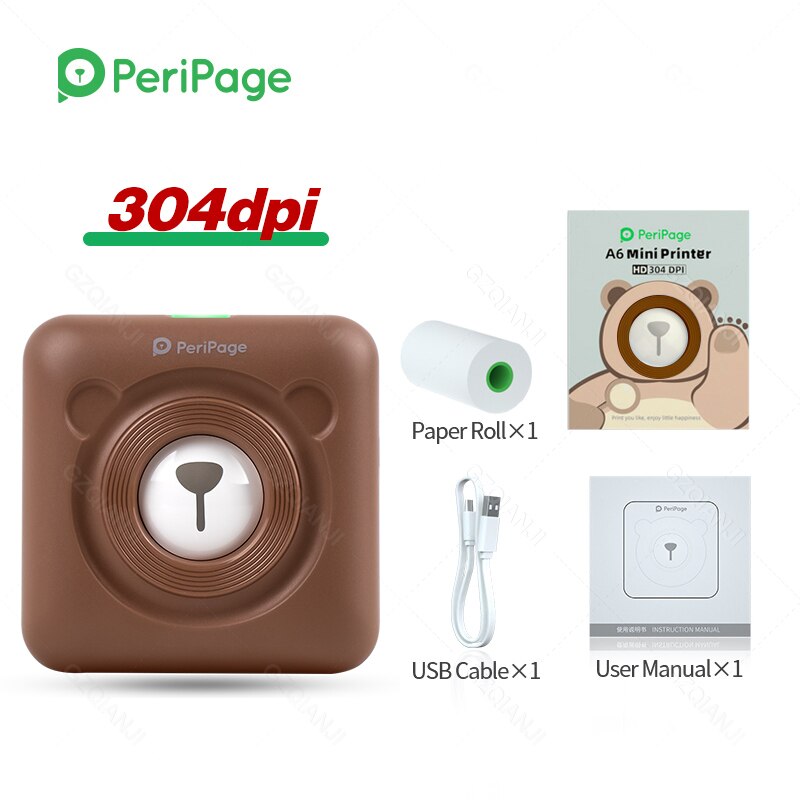 Peripage Rode Draagbare Thermische Bluetooth Printer 203Dpi 2 "Rode Photo Factuur Mini Draadloze Printer Voor Android Ios Mobiele telefoon: Brown 304Dpi