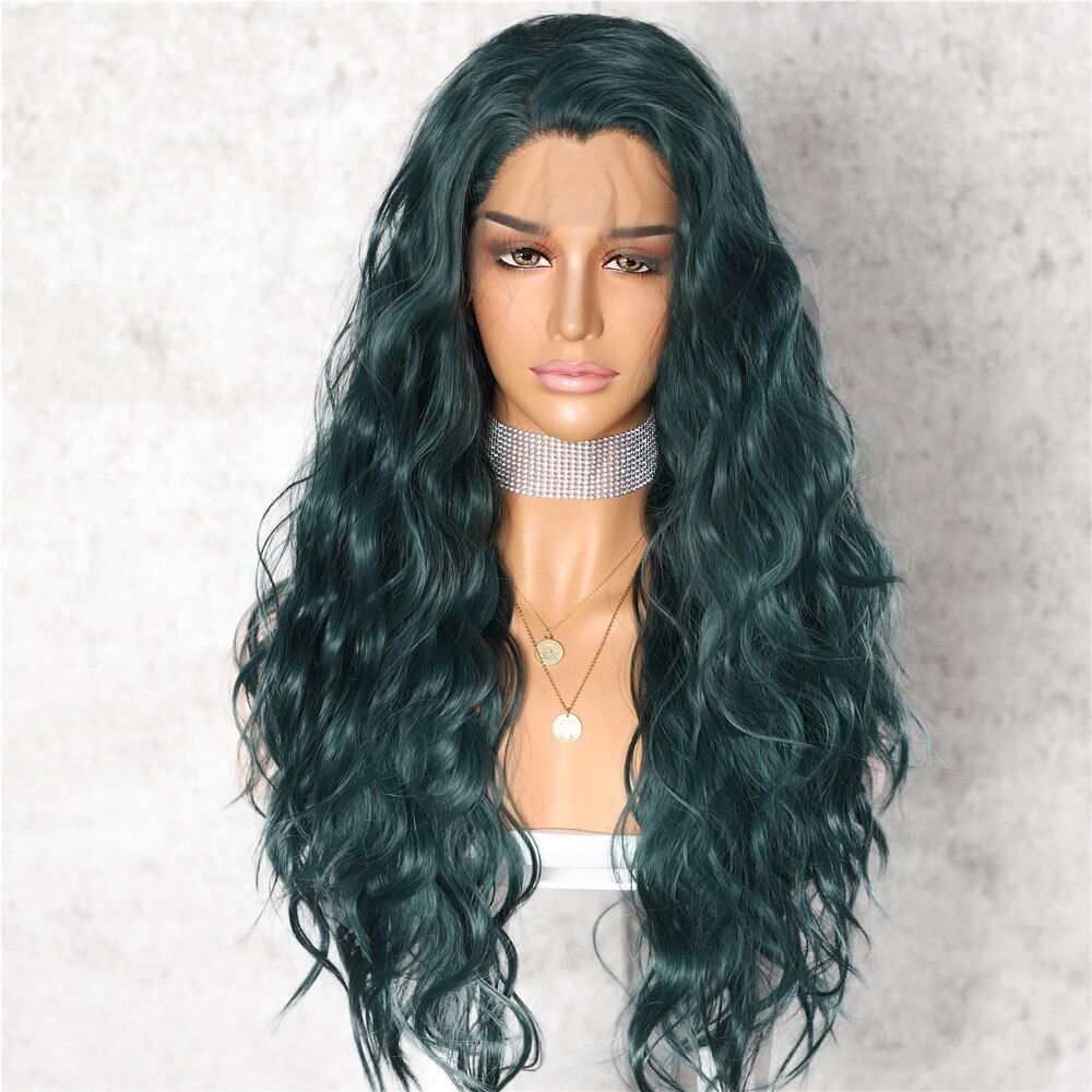 Lvcheryl Dark Green Color Heat Resistant Hair Wigs Party Wigs Natural Wavy Synthetic Lace Front Wigs for Women Wear