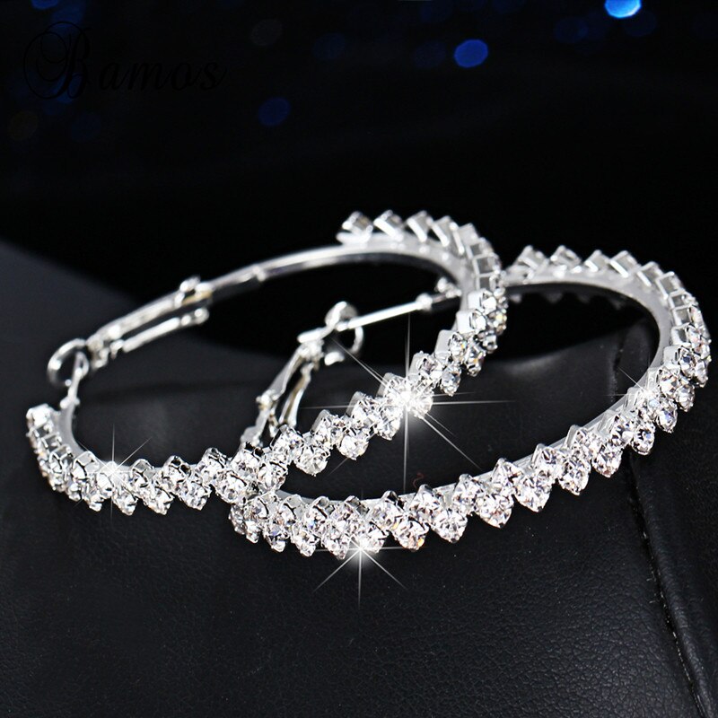 Bamos Simple Geometric Hoop Earrings For Women Luxury White Rhinestone Circle Earrings Wedding Crystal Jewelry