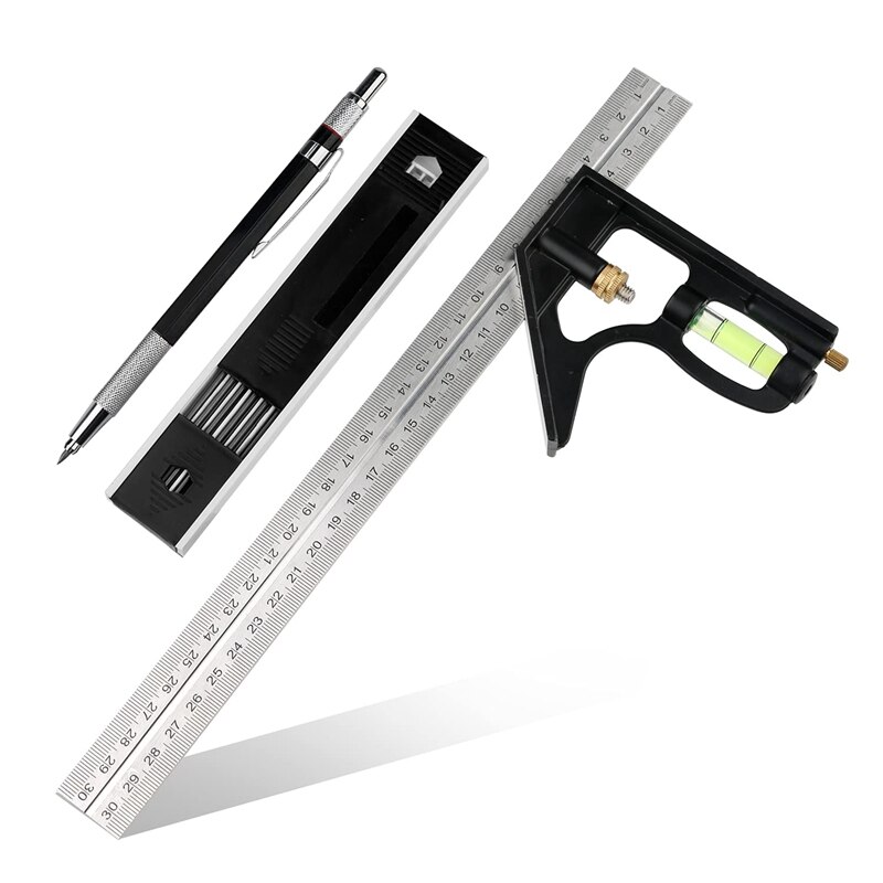 300mm Adjustable Stop Angle with Spirit Level for 45/90 Degree Measurements Ruler Mechanical Pencil with 10 Refill