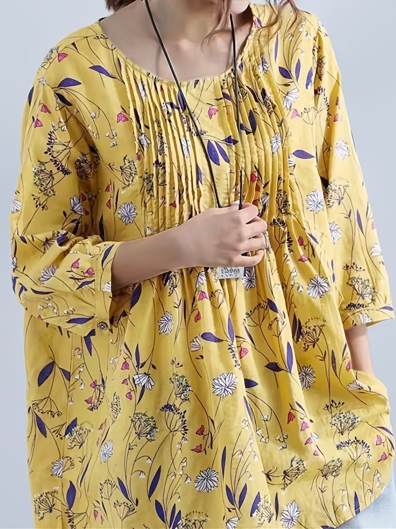 Grande taille 1XL-8XL femmes imprimé fleuri manches 3/4 chemise ample rétro couleur chemise dames Blouse hauts: XL / Foncé Jaune