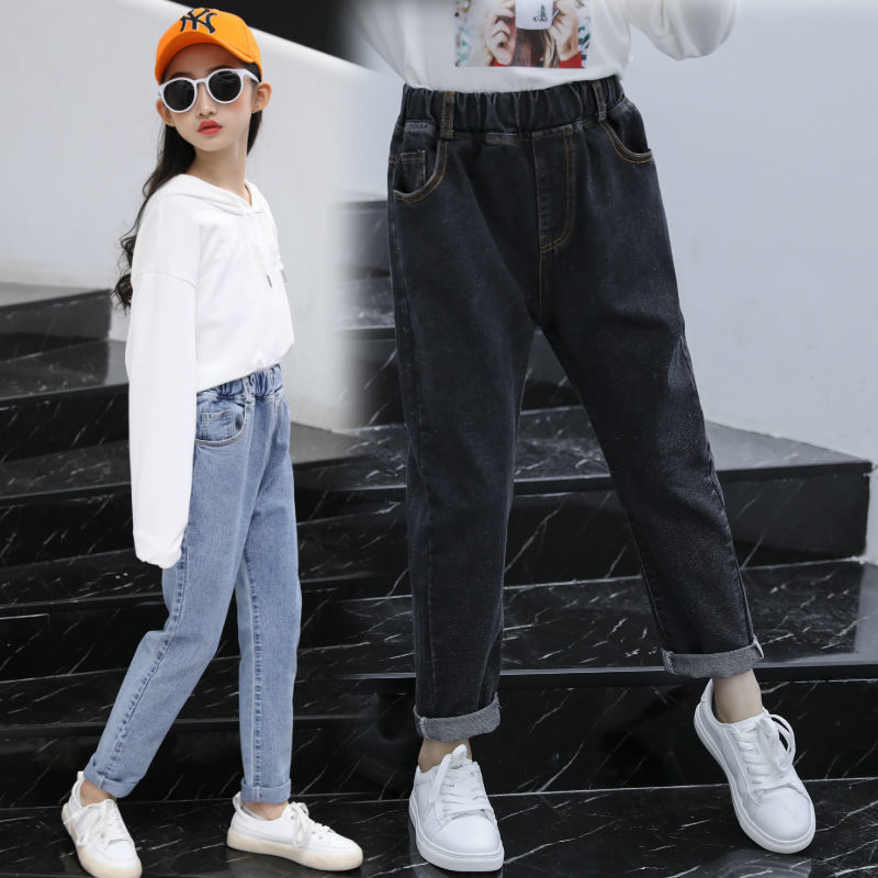 Vår höst barnkläder flickor jeans barn jeans byxor byxor resår i midjan bred casual tonåring jeans för tjej  w485