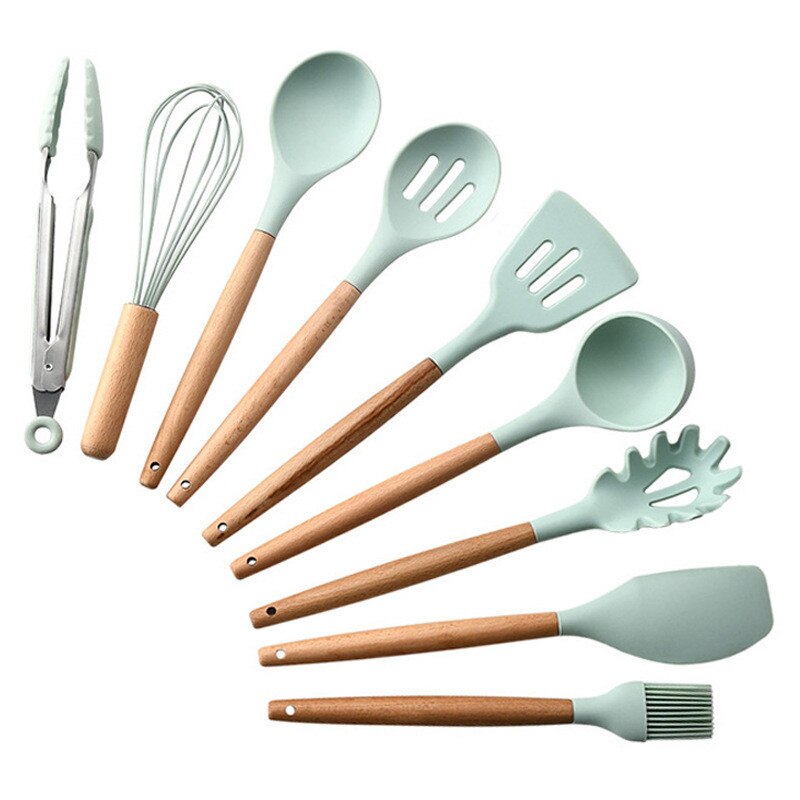 Ensemble d'ustensiles de cuisine en Silicone, antiadhésif, spatule avec manche en bois, avec boîte de rangement, 9/11 pièces: Light green-9pcs
