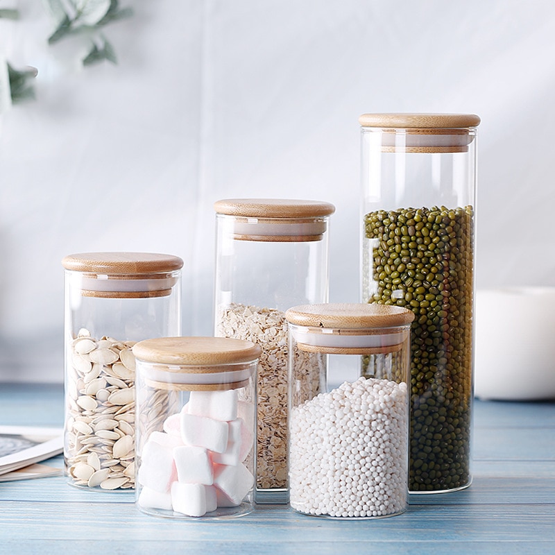 Kitchen food container bamboo lid sealed cans food tea cans transparent storage jars kitchen whole grains beans storage bottles