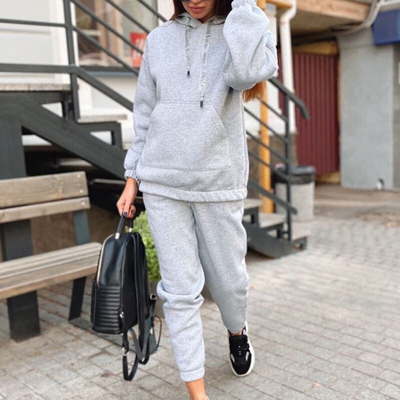 Tweedelige Set Toevallige Fleece Trainingspak Vrouwen Winter Vrouwen Sets Oversized Hooded Lange Mouwen Hoodie Sport Broek pak: gray / Xl