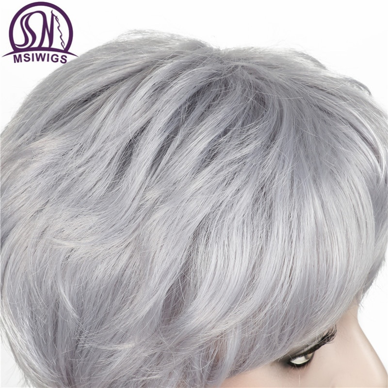 MSIWIGS Straight Short Wig for Elder Women Silver White Grey Synthetic Wigs with Bangs Natural Ombre Hair Africa American Wig