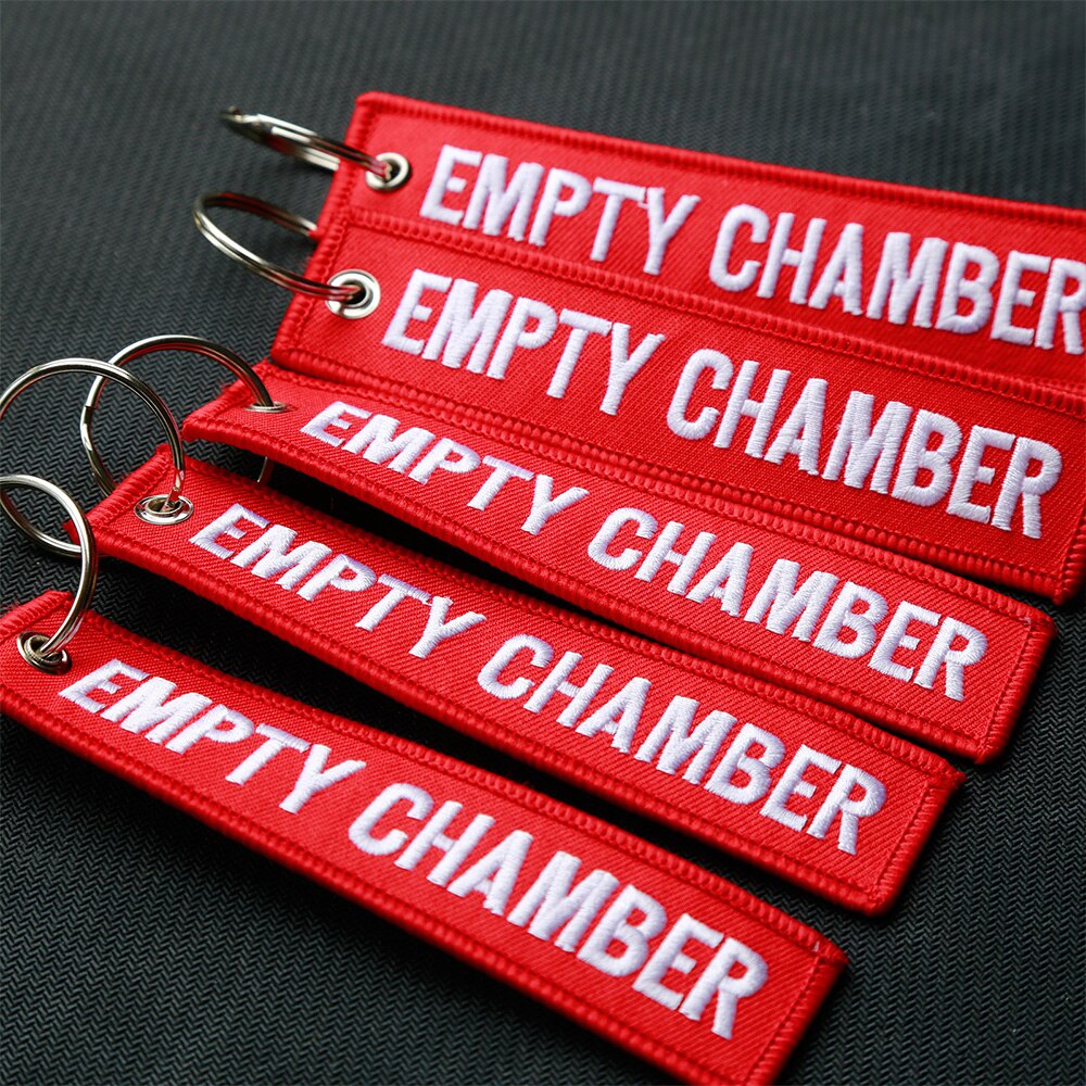 6 Pack Red Empty Chamber Keychain Double Sided Letter Embroidered Key Fobs Hook and Loop Key Chain Aviation Tag