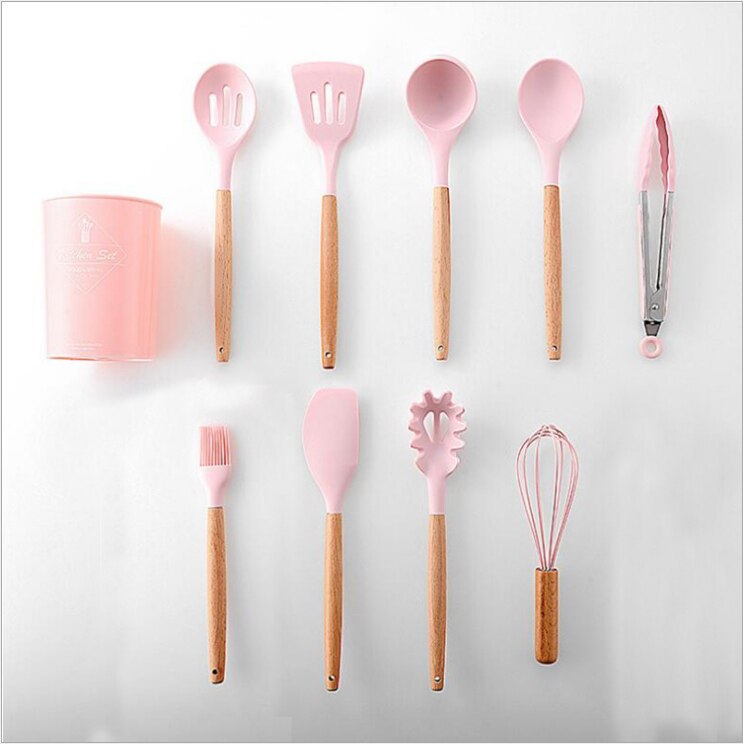 12pcs Kitchen Utensil Set Silicone Cooking Tools Household Wooden Koken Gereedschap Met Opbergdoos Turner Tang Spatel Turner: pink 10PCS