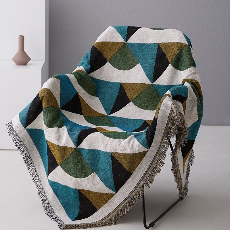 Vintage geometrisk grønn sofa teppe strikket sofa vektet teppe bomull sofa/stoltrekk billedvev teppe reiseteppe