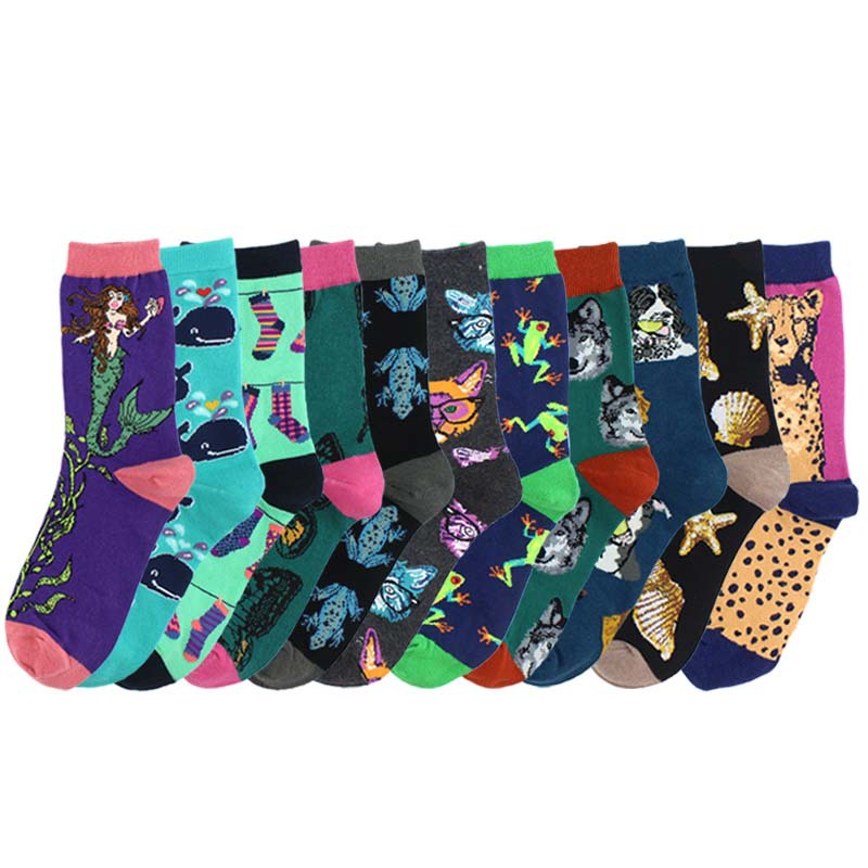 Harajuku Happy Socks para mujer divertidos dibujos animados Rana perro Concha ballena mariposa patrón transpirable calcetines de algodón para mujer