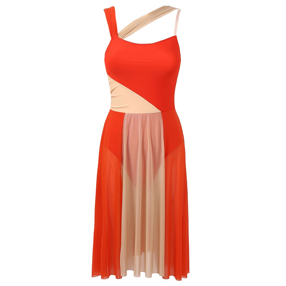 Vrouwen Volwassenen Mouwloze Mesh Schouderbanden Kleur Blok Turnpakje Jurk Voor Lyrical Moderne Hedendaagse Dans Kostuum Prestaties: Orange / M