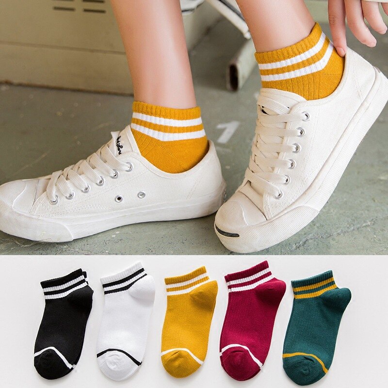 10 pieces = 5 pairs of women's socks shallow mouth Korean lovely summer cotton thin low top striped two bar tide boat socks wome