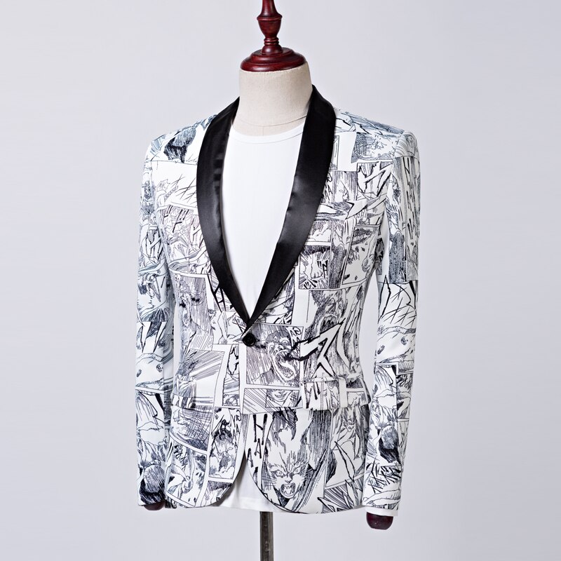 Men&#39;s Printed Colorful Suit Studio Host Man&#39;s Shawl Collar Suit Stage Shawl Collar Suit Black Collar Suit Party Blazer