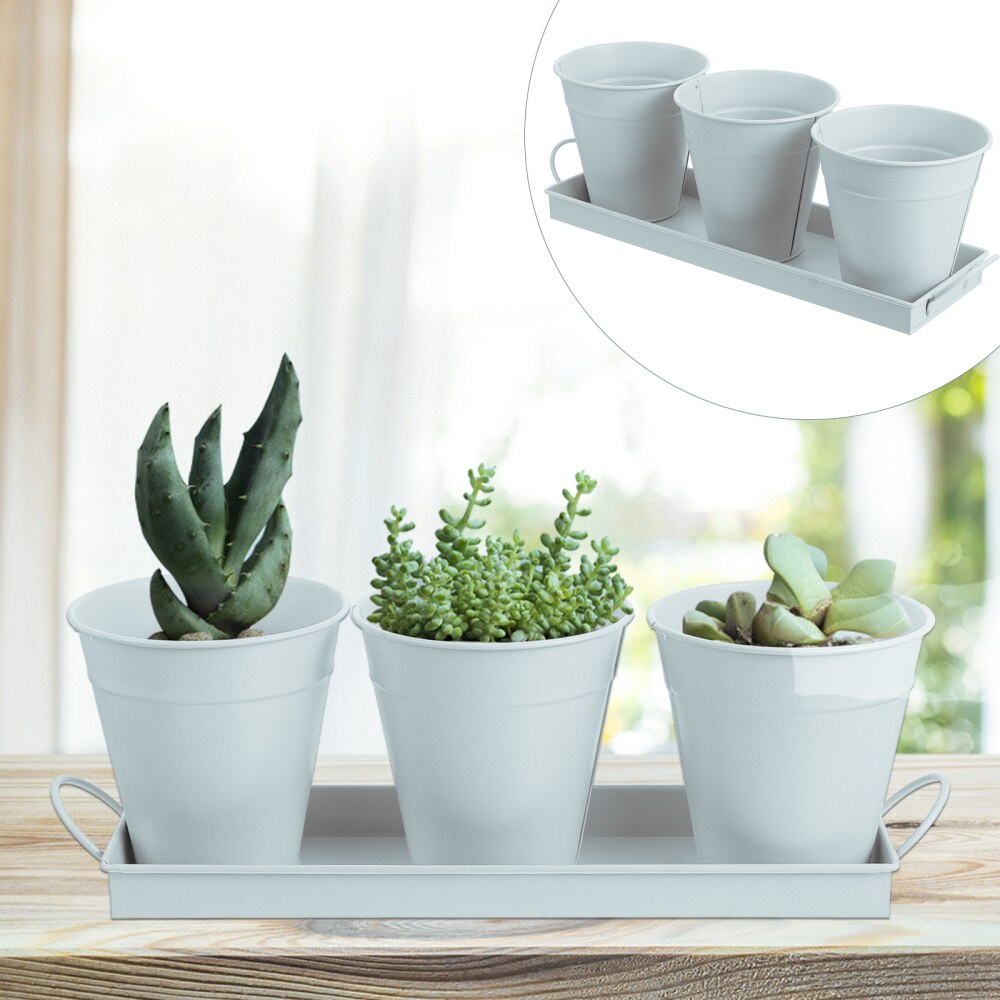 3pcs Garden Planters Flower Pot with 1pc Tray Herbs Succulents Utensil Holder: White