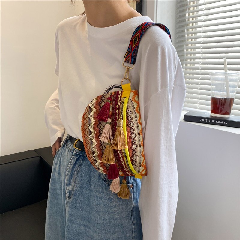 Riñonera de estilo étnico para mujer, bolso de cintura con correa ajustable de Color variado, con decoración de flecos, bandolera informal para el pecho, novedad