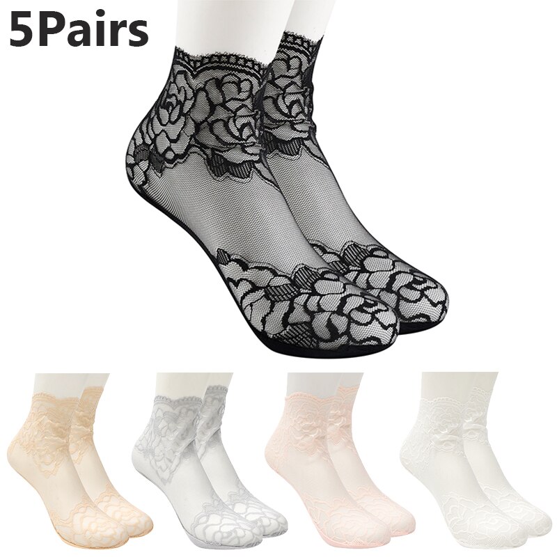 Calcetines tobilleros invisibles antideslizantes para mujer y niña, medias de malla de encaje con flores, elásticas, ultrafinas, 5 pares