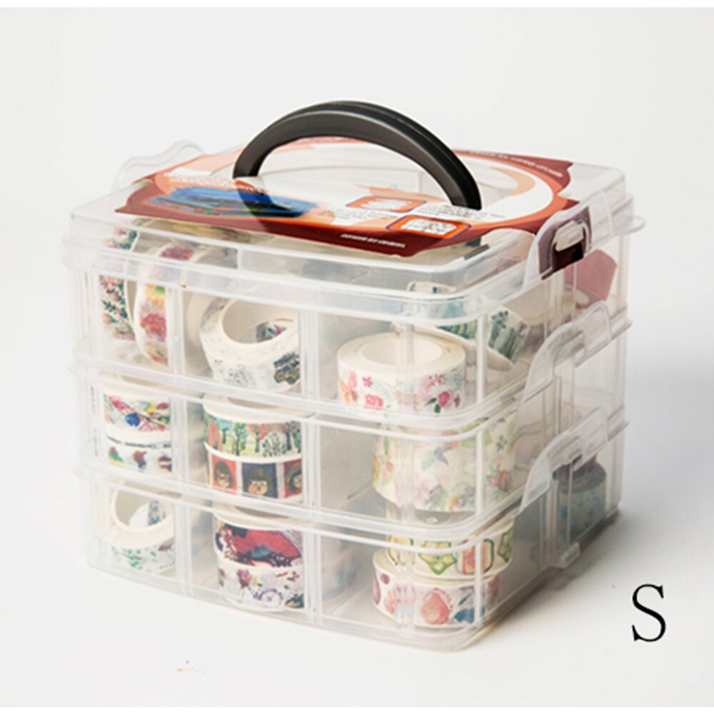 Caja de almacenamiento de plástico desmontable de 3 niveles con ranuras grandes multifunción, caja de almacenamiento con cinta de papel, caja de almacenamiento de rejilla múltiple, Maleta transparente: S-15X14.5X12.5CM