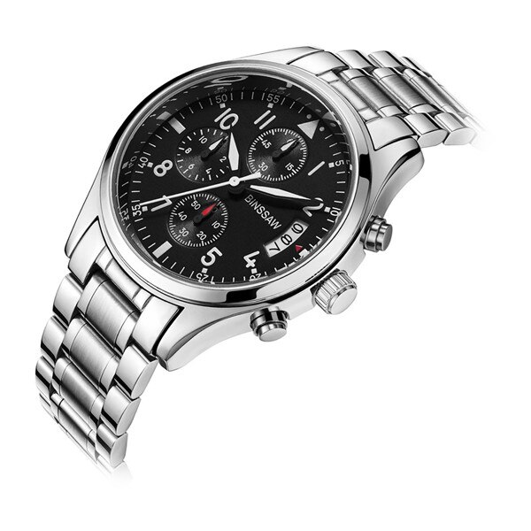 BINSSAW Mannen Luxe Quartz Horloge Roestvrij Staal Mode Lederen Waterdichte Lichtgevende Sport Horloges Relogio Masculino: BS10018B