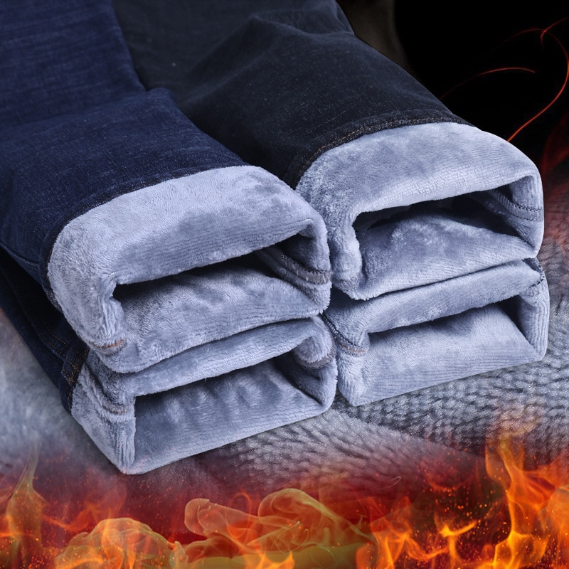 Mænd vinterjeans mænd sort slim fit stretch tykke fløjlsbukser varme jeans afslappede fleecebukser herre plus str.