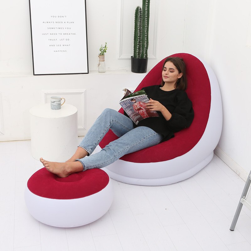 Sækkestol doven luftstol oppustelig sofasofa med fodskammel indendørs udendørs sammenklappelig liggestol sofasæt stue møbler: Rød