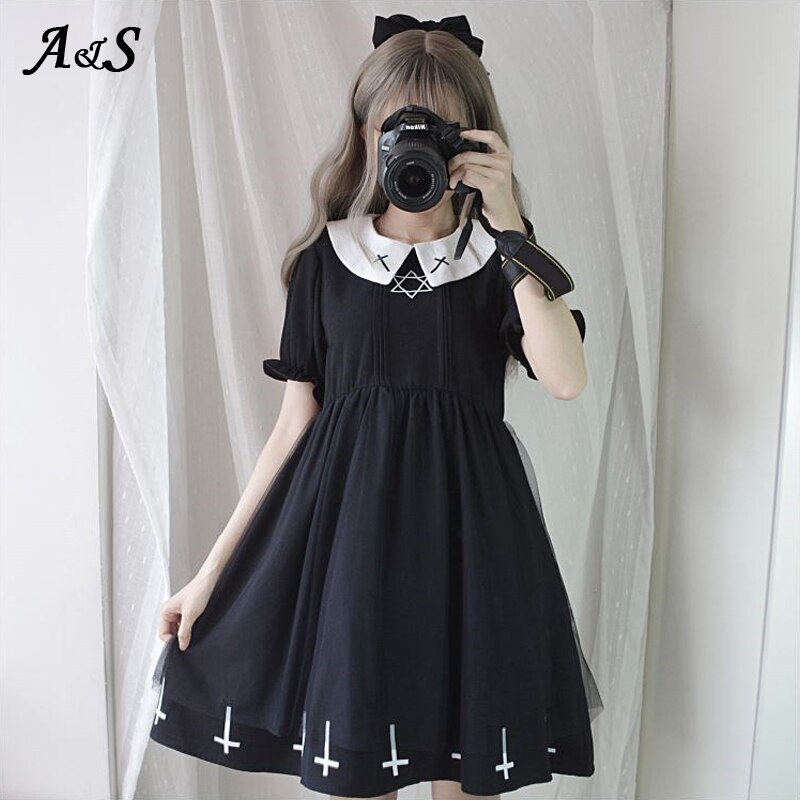 Vestido gótico de Lolita con estampado de Cruz para mujer, ropa de , conjunto de lolita, estilo de estrella, de tul, ropa de calle