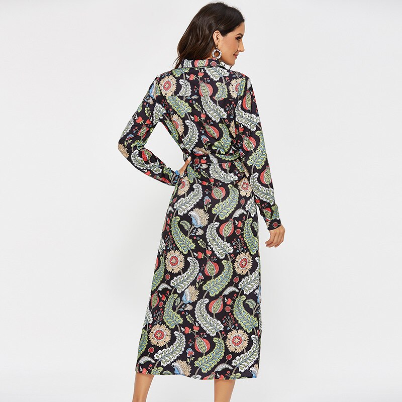 Aachoae kvinnor casual tryckt skjorta klänning vintage långärmad bandage klänningar kvinnliga kontor turn down krage klänning vestidos