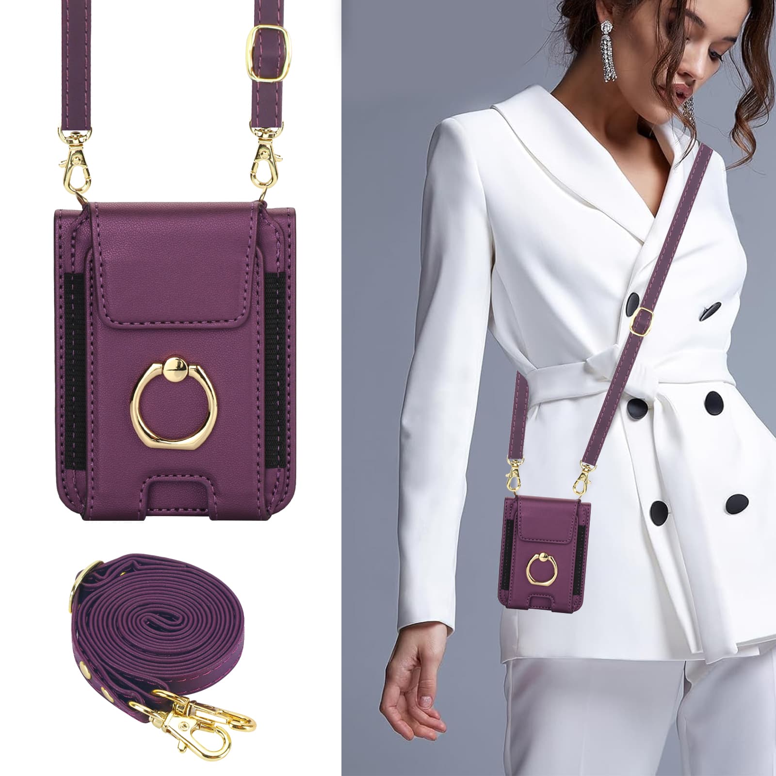 Ringholder, armbånd, kortholder, crossbody-læderetui til motorola moto razr 50 50 ultra 40 40 ultralangt cover med snor og pung: Abs / Brun