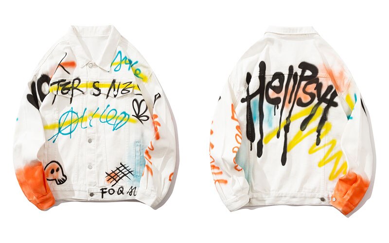 Punk Rock Gothic Denim Jassen Hip Hop Graffiti Print Jeans Jassen Streetwear Mannen Harajuku Casual Katoenen Jas Uitloper Wit: XL