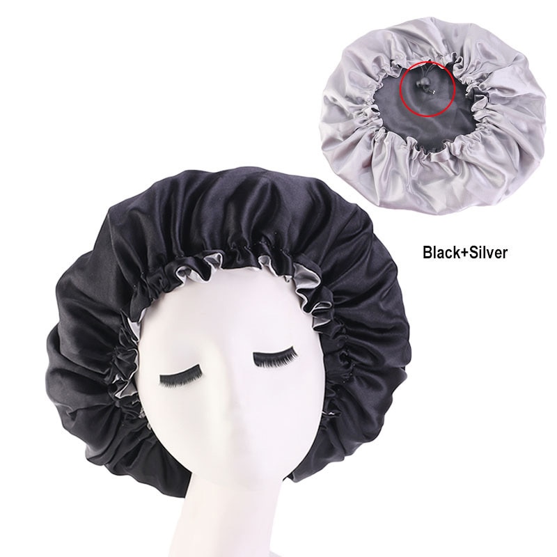 Omkeerbare Satin Hair Mutsen Caps Vrouwen Dubbele Laag Passen Slaap Night Hoofddeksels Cover Hoed Voor Krullend Haar Styling Accessoires: Black