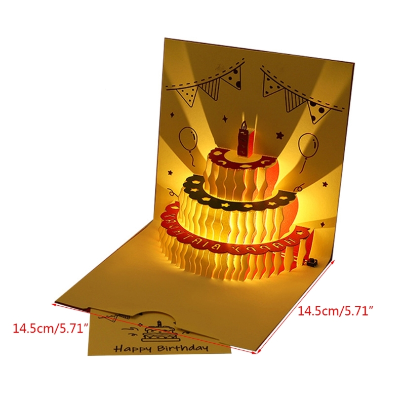 3D Birthday Cake Cards with Music Light Happy Birthday Pop-Up Greeting Postcards with Envelope Invitations For Kid Girl