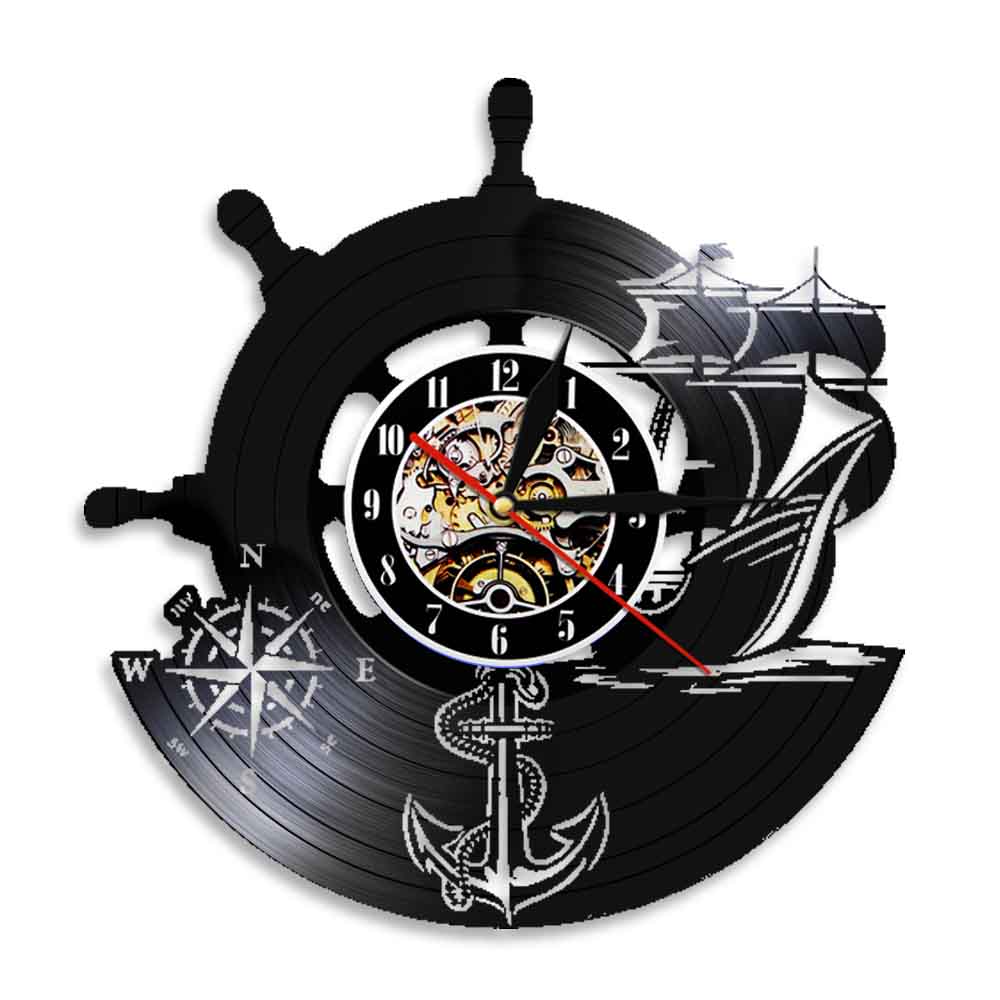 Ancre Vintage Horloge Murale Marin Marine Boussole Disque Vinyle Yachting Voile Moderne Bateau Mer Décor À La Maison Montre Led Lumière