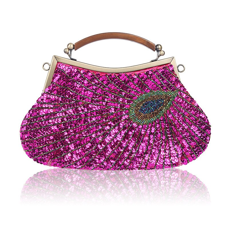 Sac à main paon perlé fait à la main pour femmes, sac de soirée Vintage dames, paillettes, Banquet, maquillage, sac à bandoulière: Hot pink