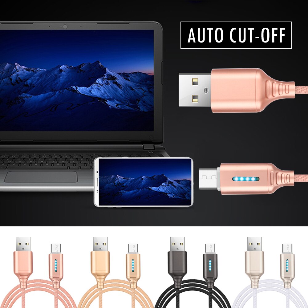 1PC 1m USB Charging Data Sync Nylon Cable Safety Protection Updated Auto Cut-off Disconnect Led Light USB Accessories