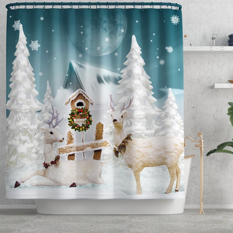 Merry Christmas Shower Curtain Set Bath Mats Rugs Christmas Tree Deer Anti Slip Pads Toilet Cover Bathroom Curtains with Hooks: B Shower Curtains