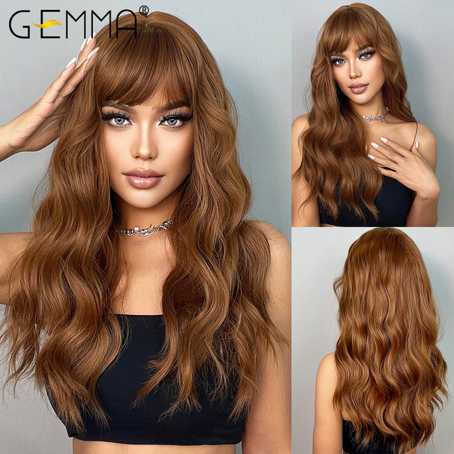 GEMMA Dark Brown Long Curly Synthetic Wig Deep Wave Cosplay Hair Wigs with Wavy Bangs for Women Daily Party Heat Resistant Fibre
