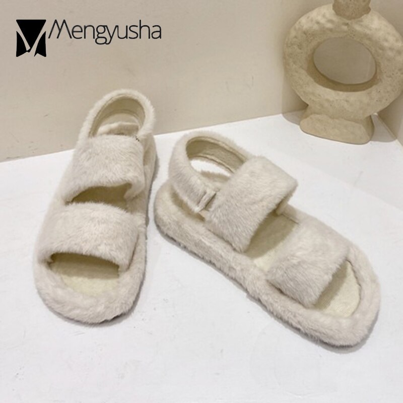 Vinter mink pels sandaler kvinner elastisk stropp gladiator sandaler bomullssko studenter flipflops kvinne dobbeltbånd lodne sandalier