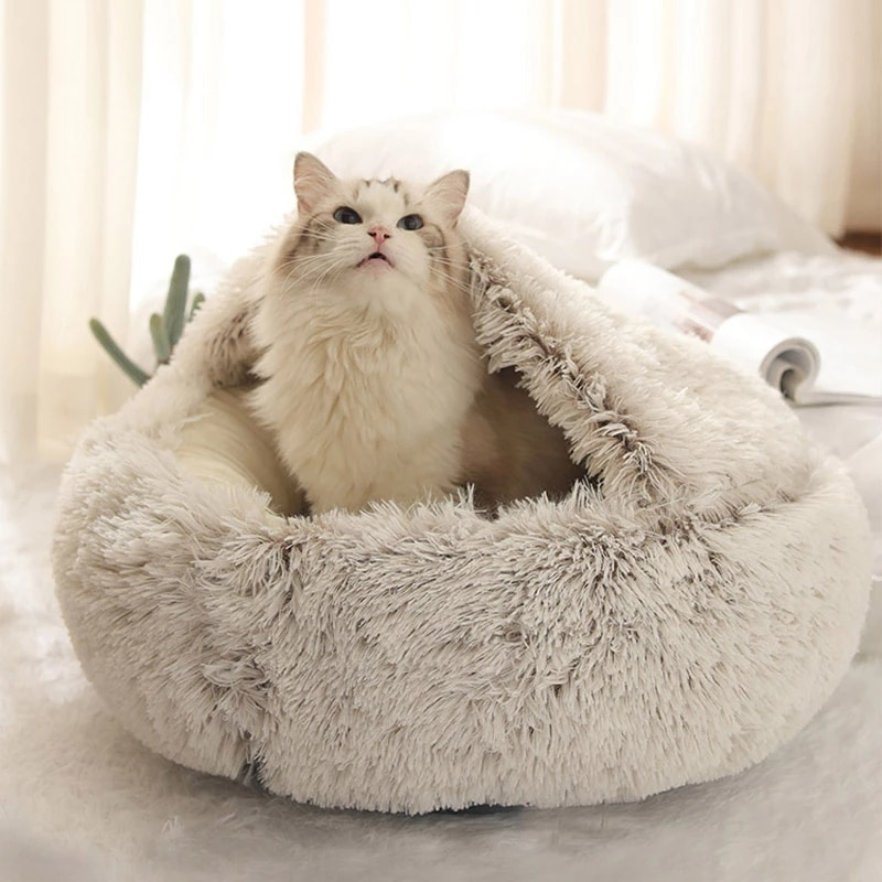 Sac de couchage en peluche pour animaux de compagnie, demi-paquet rond et en velours cristal, lit en peluche pour chat, coussin pour chien, fournitures pour animaux de compagnie