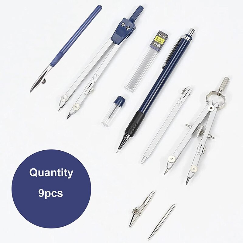 9 Pcs Metal Geometry Set Compass for Woodworking, Drawing Compass Protractors Classroom Set Drawing Kit for Geometry