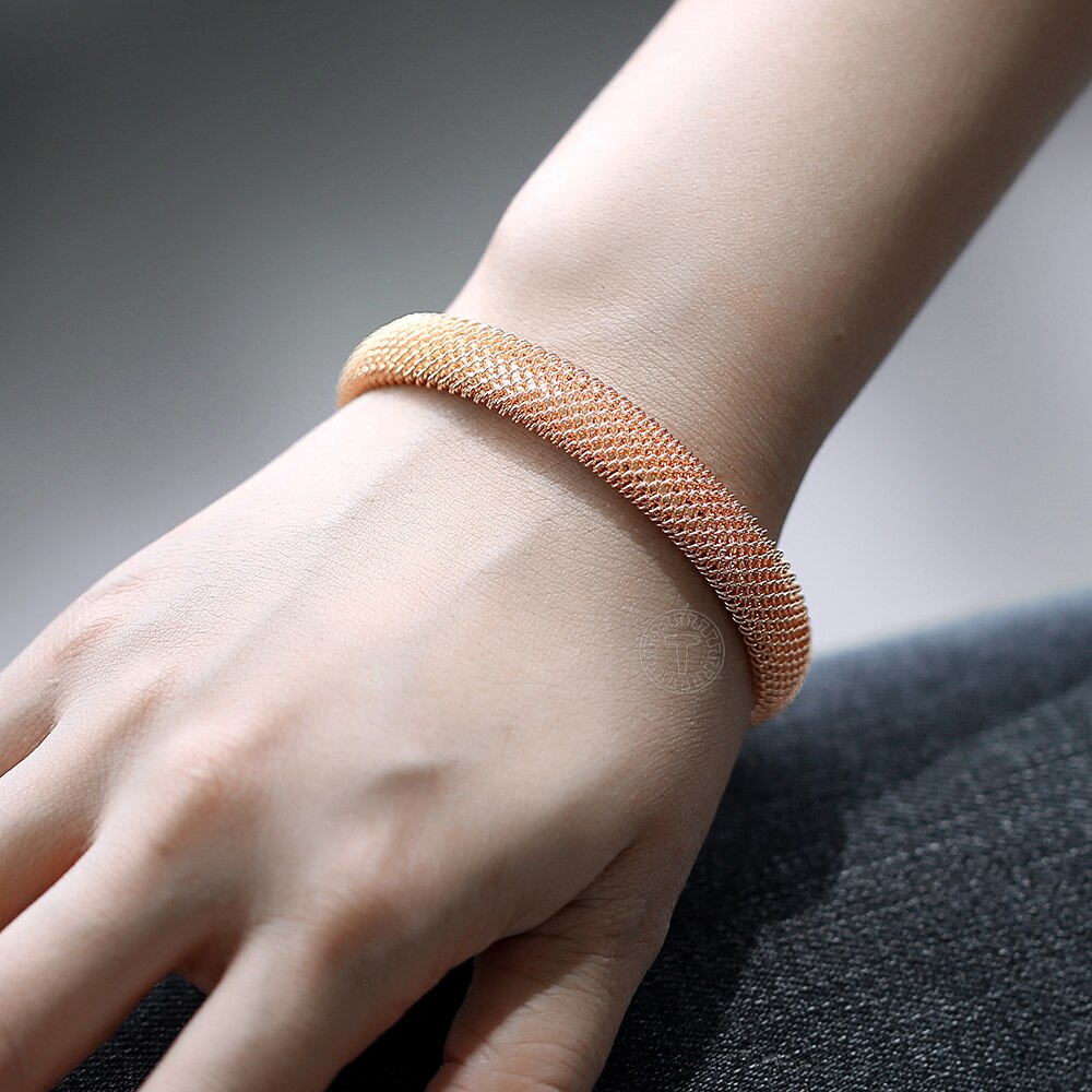 Men Women's 10mm Opening Big 585 Rose Gold Cuff Bangle Bracelet Braided Link Wristband for Mother Jewelry CB53