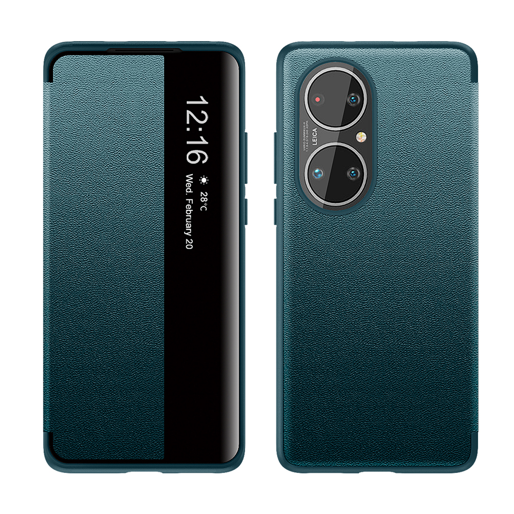 Smart Wake Up Sleep Flip Cover Side View Leather Case For Huawei P30 P40 Pro+ Plus P50 60 Pro Automatic Magntic Suction: Huawei P50 Pro / green
