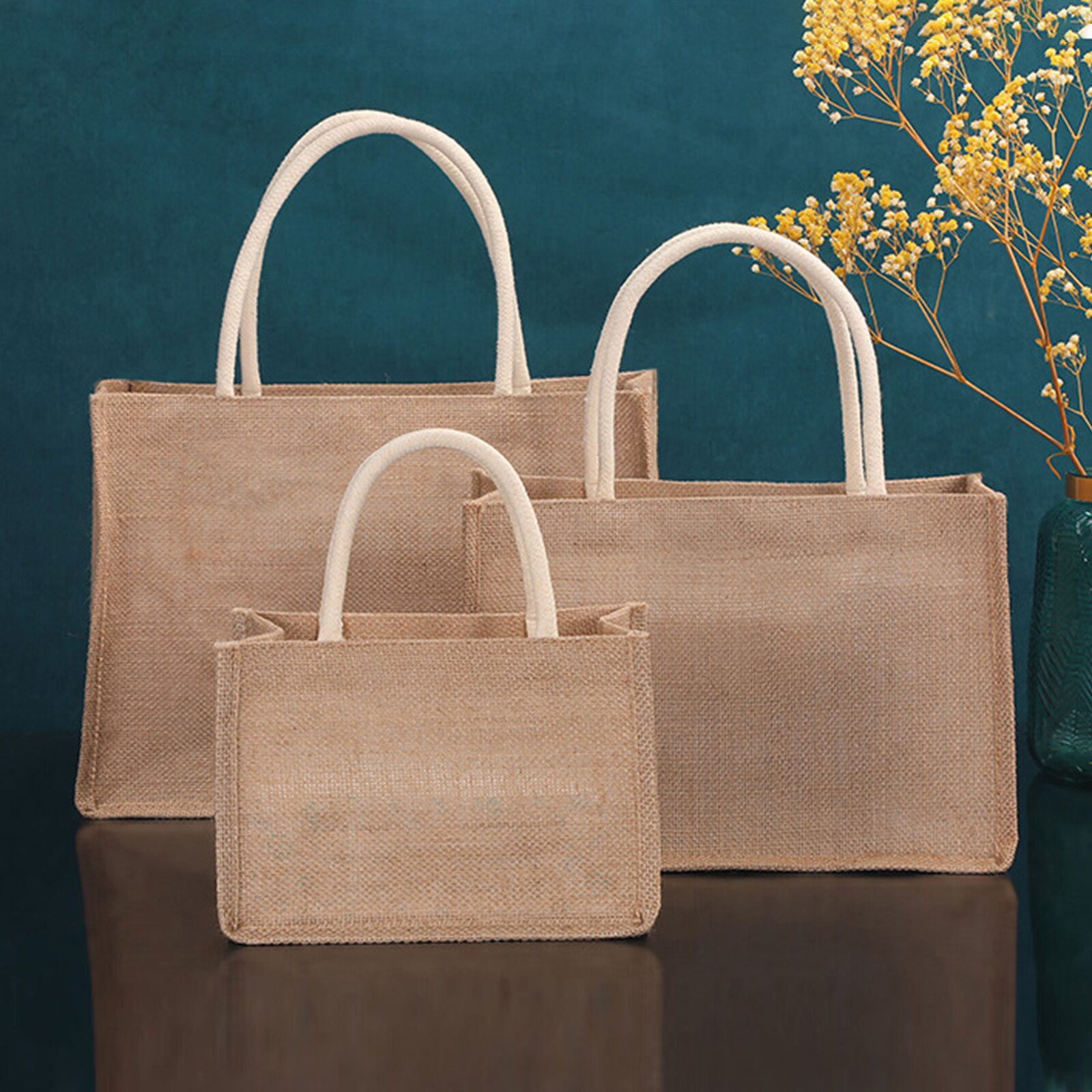 Burlap Tote Bags Jute Beach Shopping Handbag, Vintage Reusable Bags with for Grocery Crafts Birthday Parties Wedding