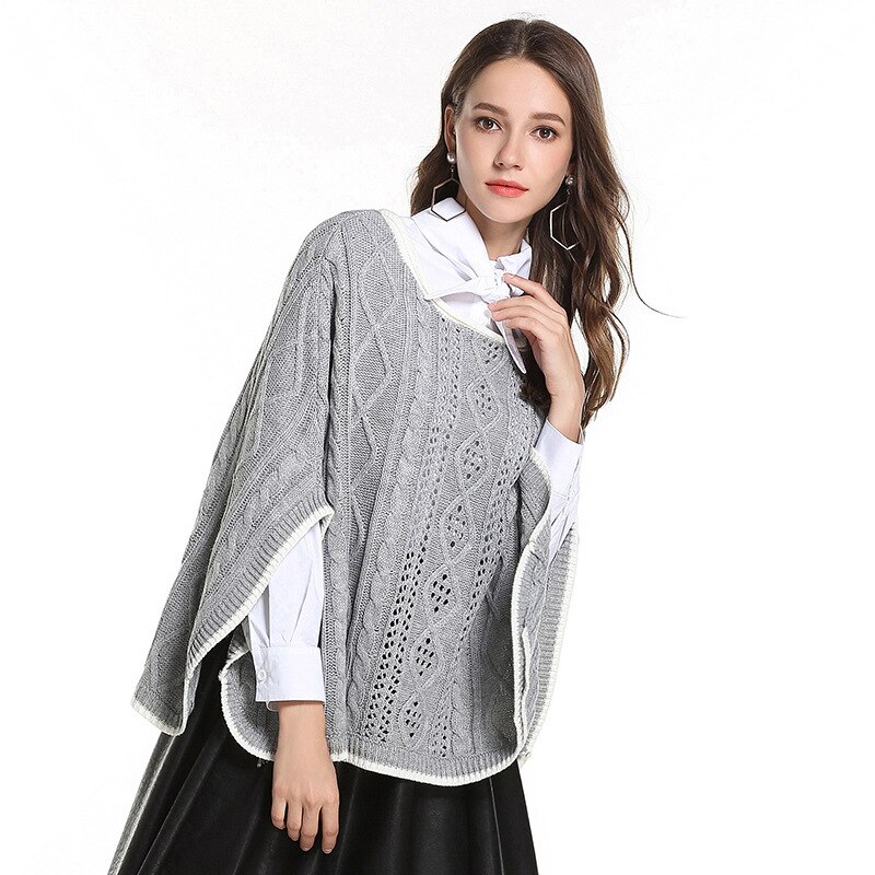Mulheres Outono Wiinter Poncho Cloak Camisolas Solto Meia Manga Capa de Malha Escavar Pullovers Feminino Elegante Sólida Casaco Quente: Cinza