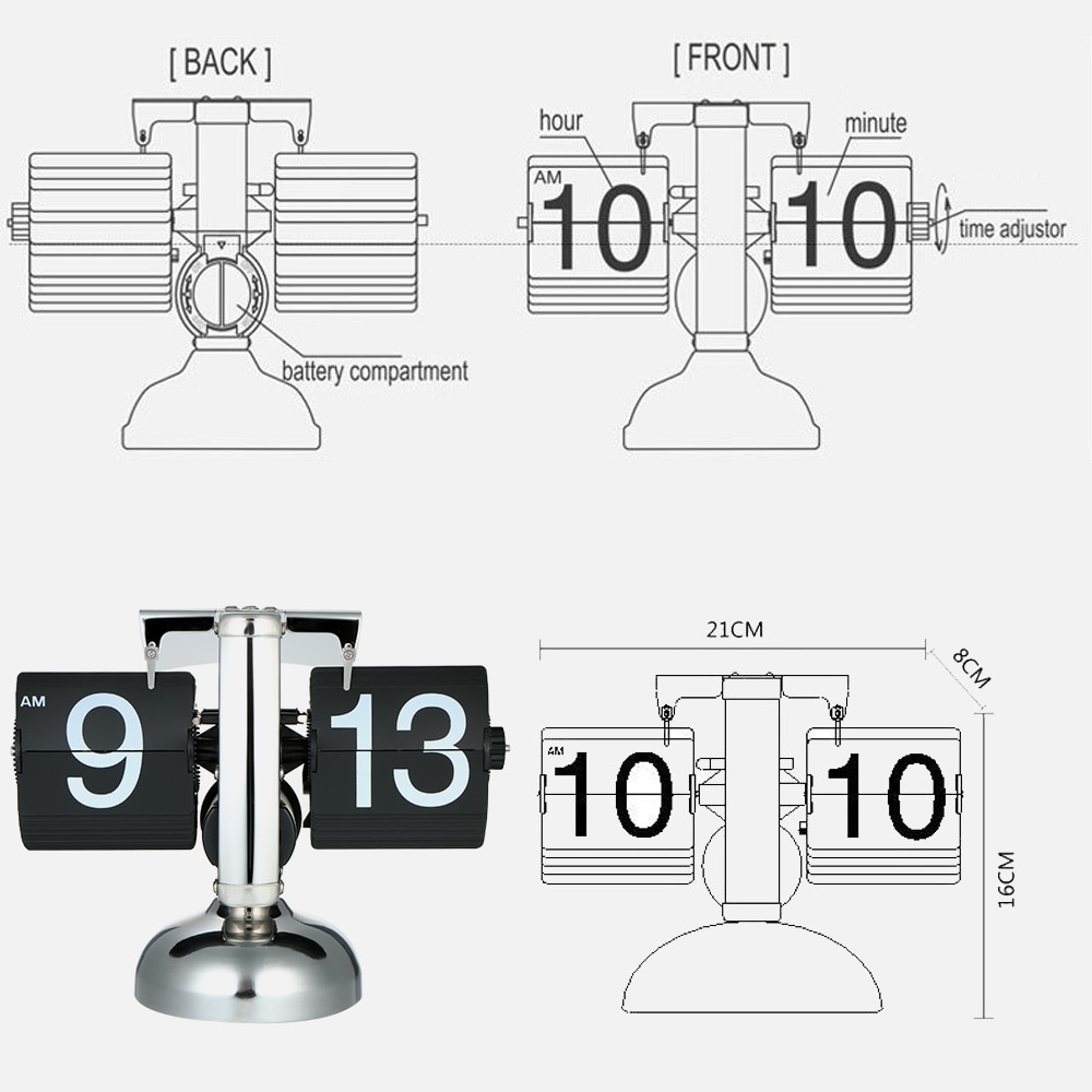 Tafel Klok Kleine Schaal Retro Flip Over Bureauklok Rvs Interne Gear Auto Flip Operated Quartz Klokken Voor Home decor