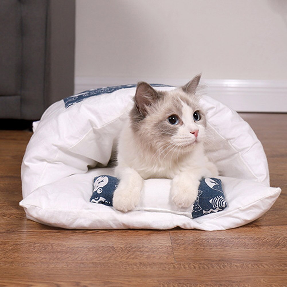 Japanese Cat Bed Warm Cat Sleeping Bag Deep Sleep Cave Winter Removable Pet House Bed for Cats Dogs Nest Cushion with Pillow