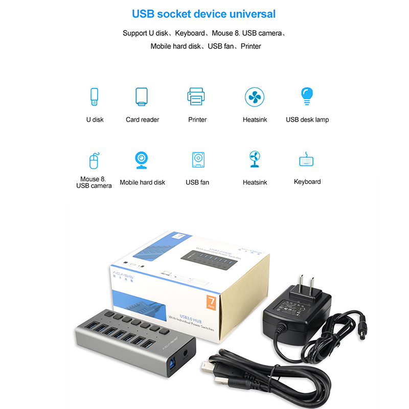 USB Hub 3.0 High Speed 7 Port USB 3.0 Hub Splitter On/Off Schakelaar met EU/US Power adapter voor MacBook Laptop PC