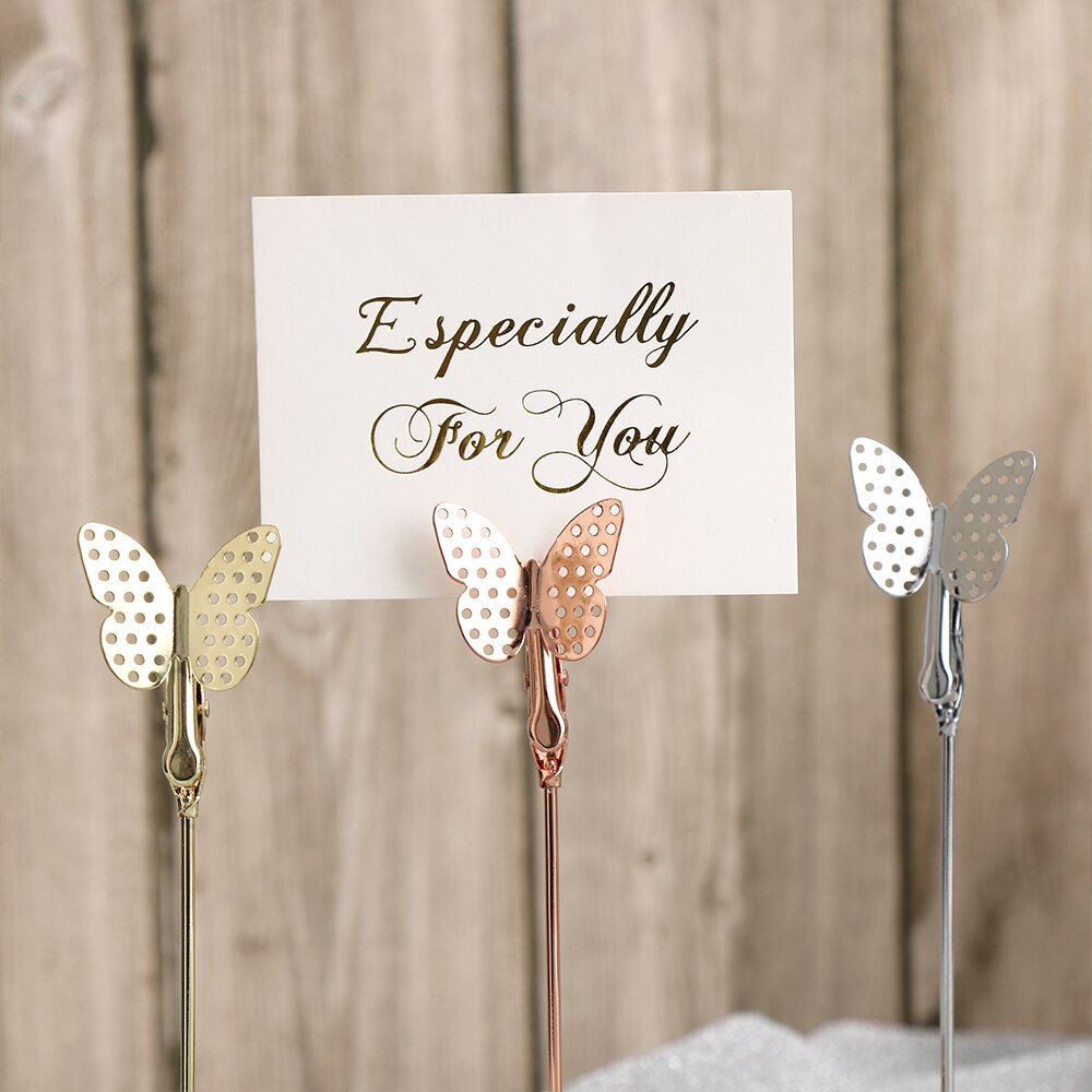 1pc seje bryllup bordkortholder romantisk sommerfugl flamingo mønster metal foto note clips bord nummer stativ papirklemme