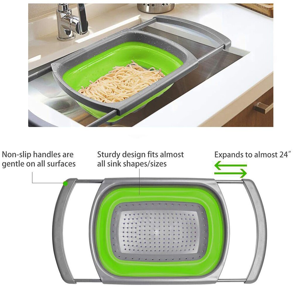 3 stk foldbart dørslag frugtgrøntsag vaskekurv silfilter rengøringssæt silikone med håndtag køkkenredskaber