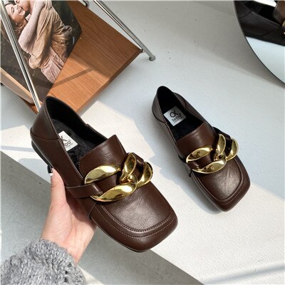 Neue Winter Socofy Plüsch Goldene Kette Leder Wohnungen Schuhe Zehe Slip Auf Frauen Müßiggänger Mokassins: Brown / 8,5