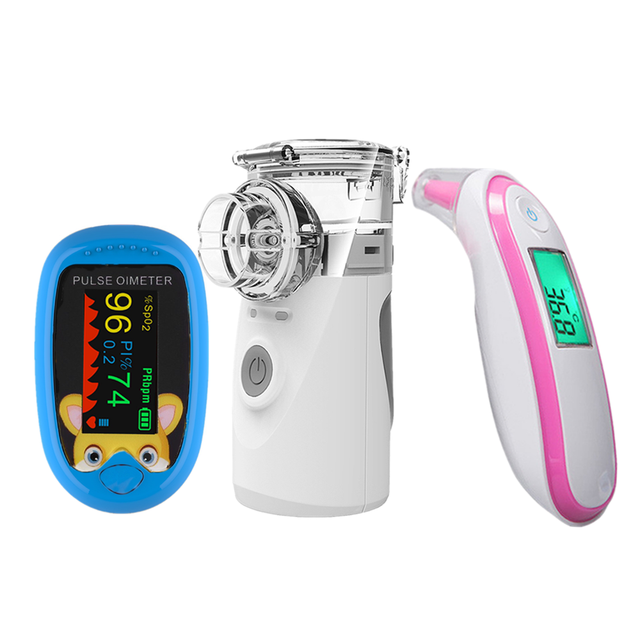 Oxímetro de dedo recargable para bebé, termómetro infrarrojo digital, Mini inhalador silencioso portátil, nebulizador: Blue grey pink