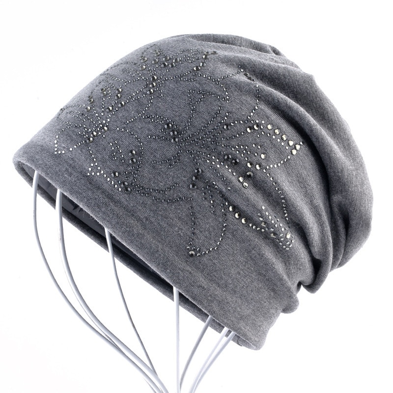 Female Beanie Bonnet Autumn And Winter Caps Hip-hop Cap Flower Rhinestone Hats For Women Beanies